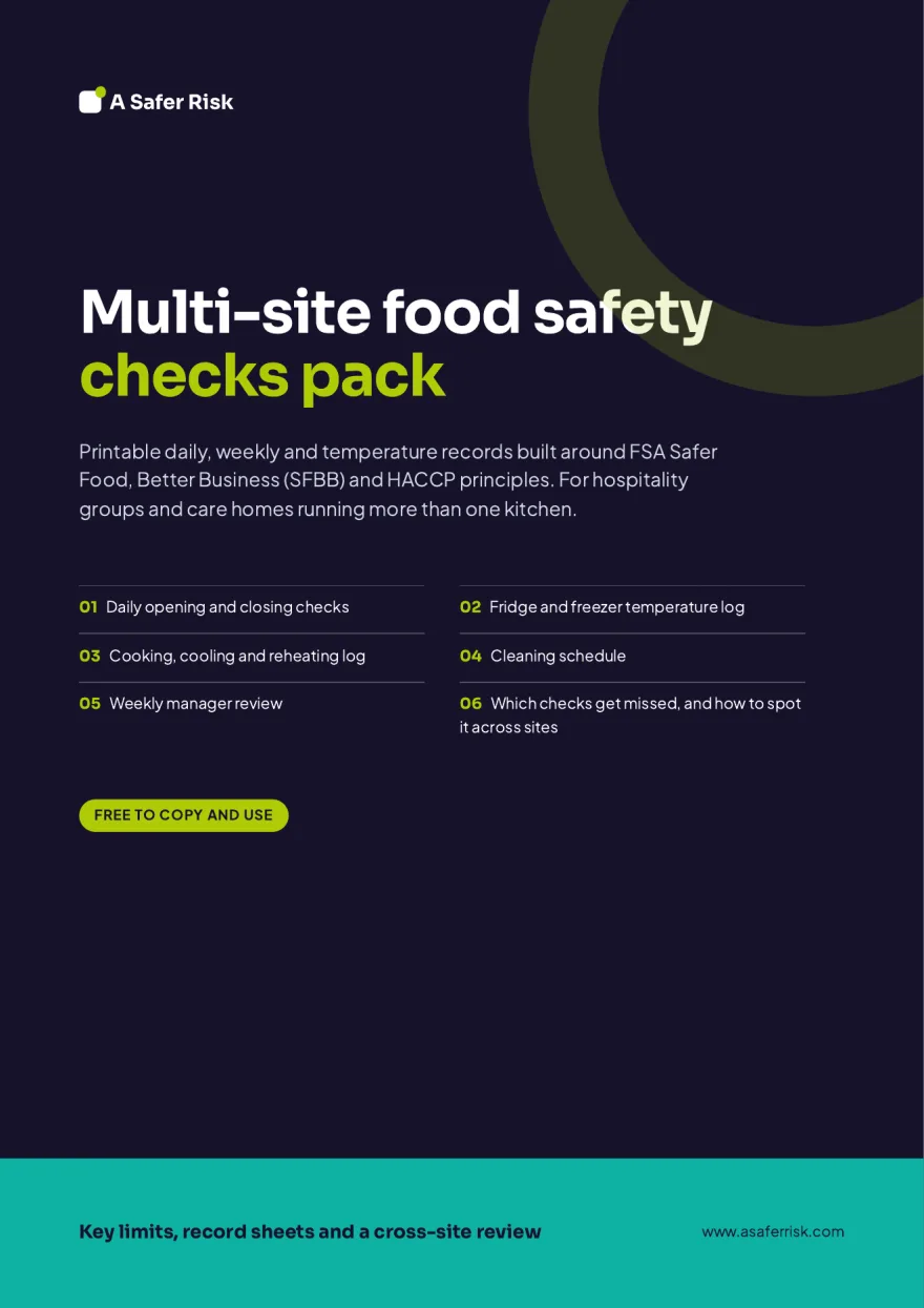 Cover of the A Safer Risk multi-site food safety checks pack, listing its six record sheets