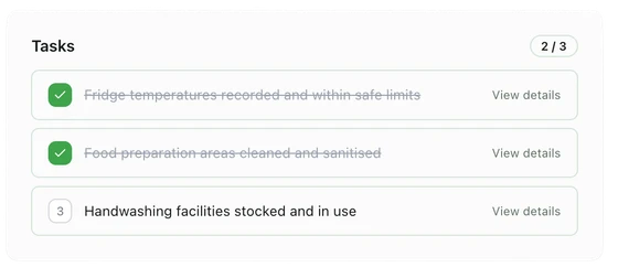 A Safer Risk checklist: fridge temperatures recorded and food preparation areas cleaned are ticked off; handwashing facilities check is still to do